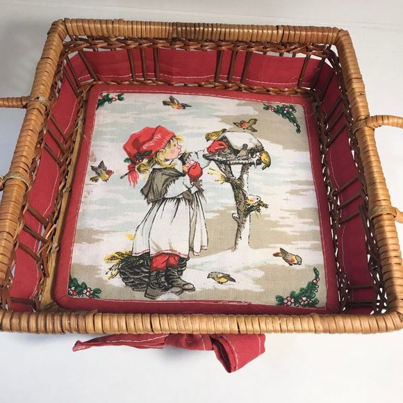 Vintage Christmas Birdhouse Napkin Bread Basket Red Ribbon Bow Holly Birds Nest - Picture 5 of 16